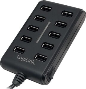 HUB extern LOGILINK, porturi USB: USB 2.0 x 10, conectare prin USB 2.0, alimentare retea 220 V, cablu 0.6 m, negru, „UA0125” (include TV 0.8lei)