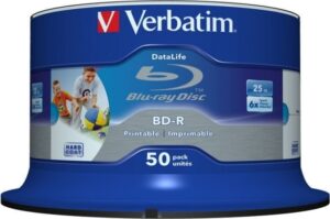 BD-R VERBATIM 25GB, viteza 6x, 50 buc, Single Layer, spindle, printabil, „Wide Inkjet Printable” „43812”