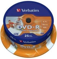 DVD-R VERBATIM 4.7GB, 120min, viteza 16x, 25 buc, Single Layer, spindle, printabil, „Wide Inkjet Printable” „43538”