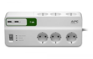 PRELUNGITOR APC, Schuko x 6, conectare prin Schuko (T), USB x 2, cablu 2 m, 10 A, protectie supratensiune, alb, „PM6U-GR” (include TV 0.8lei)