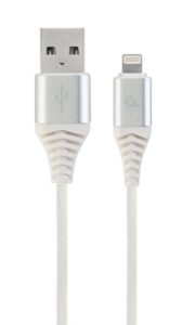 CABLU alimentare si date GEMBIRD, pt. smartphone, USB 2.0 (T) la Lightning (T), 2m, premium, cablu cu impletire din bumbac, argintiu cu insertii albe, „CC-USB2B-AMLM-2M-BW2” (include TV 0.06 lei)