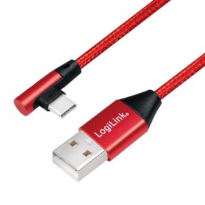 CABLU alimentare si date LOGILINK, pt. smartphone, USB 2.0 (T) la USB 2.0 Type-C (T) la 90 grade, 1m, premium, cablu cu impletire din bumbac, rosu, 