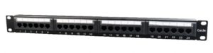 PATCH PANEL GEMBIRD 24 porturi, Cat5e, 1U pentru rack 19″, suport posterior pt. gestionare cabluri, black, „NPP-C524CM-001”
