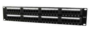 PATCH PANEL GEMBIRD 48 porturi, Cat5e, 2U pentru rack 19″, suport posterior pt. gestionare cabluri, black, „NPP-C548CM-001”