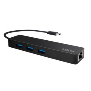 HUB extern LOGILINK, porturi USB: USB 3.0 x 3, conectare prin USB 3.2 Type C, cablu 0.1 m, retea 10/100/1000 Mbps (Gigabit), negru, „UA0313” (include TV 0.8lei)