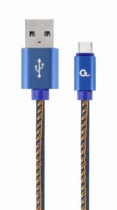 CABLU alimentare si date GEMBIRD, pt. smartphone, USB 2.0 (T) la USB 2.0 Type-C (T), 1m, premium, conectori auriti, cablu cu impletire din bumbac, negru cu insertii galbene (Jeans model), conetori albastri, „CC-USB2J-AMCM-1M-BL”
