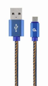 CABLU alimentare si date GEMBIRD, pt. smartphone, USB 2.0 (T) la Micro-USB 2.0 (T), 1m, premium, conectori auriti, cablu cu impletire din bumbac, negru cu insertii galbene (Jeans model), conetori albastri, „CC-USB2J-AMmBM-1M-BL”