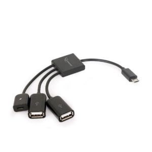 CABLU adaptor OTG GEMBIRD, pt. smartphone, Micro-USB 2.0 (T) la Micro-USB 2.0 (M) + USB 2.0 (M) x 2, 13cm, asigura conectarea telef. la o tastatura, mouse, HUB, stick, etc., negru, „UHB-OTG-02” (include TV 0.06 lei)