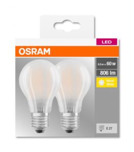 SET 2 becuri LED Osram, soclu E27, putere 6.5W, forma clasic, lumina alb calda, alimentare 220 – 240 V, „000004052899972100” (include TV 1.2lei)