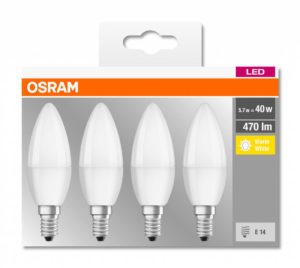 SET 4 becuri LED Osram, soclu E14, putere 5.7W, forma lumanare, lumina alb calda, alimentare 220 – 240 V, „000004058075819474” (include TV 2.4lei)