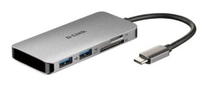 HUB extern D-LINK, porturi SD/microSD Dual Card Reader x 1, USB 3.0 x 2, HDMI x 1, USB Type C x 1, conectare prin USB Type C, cablu 15 cm, argintiu „DUB-M610” (include TV 0.8lei)