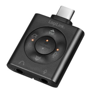 CONVERTOR audio LOGILINK, intrare: 1 x USB-C (T), iesire: 2 x 3.5″ jack (M), 24-bit, 96KHz, egalizator cu 7.1 surround, volum, mute, built-in microfon, black, „UA0365” (include TV 0.18lei)