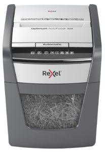 Distrugator automat documente Rexel OPTIMUM 50X , 50 coli, P4, cross-cut (tip confeti), cos 20 litri, negru-gri, „2020050XEU” (include TV 35lei)