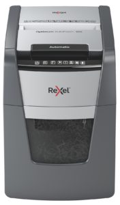 Distrugator automat documente Rexel OPTIMUM 90X , 90 coli, P4, cross-cut (tip confeti), cos 34 litri, negru-gri, „2020090XEU” (include TV 35lei)