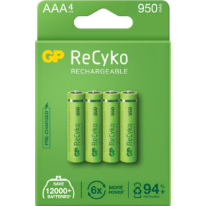 Acumulatori GP Batteries, ReCyko 1000mAh AAA (LR03) 1.2V NiMH, paper box 4 buc. „GP100AAAHCE-2EB4” „GPRHC103E001” (include TV 0.32lei)