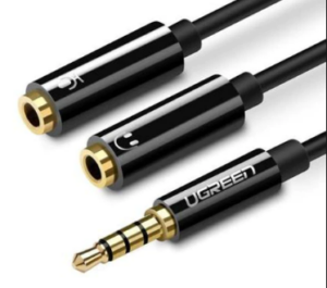 CABLU audio Ugreen, „AV141” stereo 3.5 mm jack (T) la 2 x 3.5 mm jack (M), 0.20 m, conectori auriti, negru „30620” (include TV 0.18lei) – 6957303836208