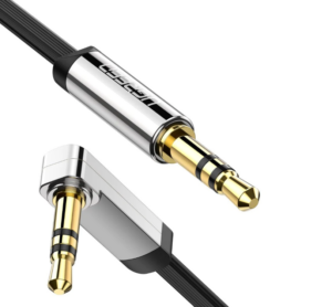 CABLU audio Ugreen, „AV119” stereo 3.5 mm jack (T) la 3.5 mm jack (T), unghi de 90 de grade la un capat, 1.5m, conectori auriti, negru „10598” (include TV 0.18lei) – 6957303815982