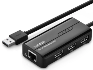 ADAPTOR RETEA Ugreen, „20264” extern, USB 2.0 (T) la port RJ-45 10/100 Mbps, porturi USB: USB 2.0 x 3, LED, negru „20264” (include TV 0.18lei) – 6957303822645