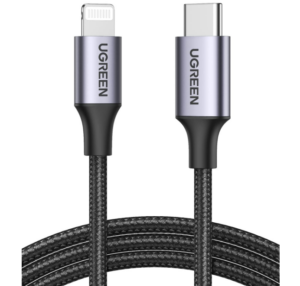 CABLU alimentare si date Ugreen, „US304”, Fast Charging Data Cable pt. smartphone, USB Type-C (T) la Lightning (T) 5V/3A, braided, 2m, negru „60761” (include TV 0.06 lei) – 6957303867615