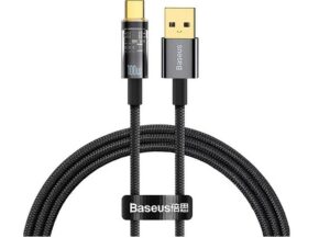 CABLU alimentare si date Baseus Explorer, Fast Charging Data Cable pt. smartphone, USB la USB Type-C 100W, 2m, Auto Power-Off, negru transparent „CATS000301”
