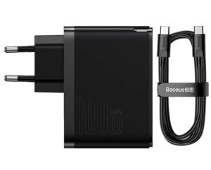 INCARCATOR retea Baseus GaN5 Pro, Quick Charge 100W, 1 x USB, 1 x USB Type-C, include cablu USB Type-C la USB Type-C 100W 1m, negru „CCGP090201”