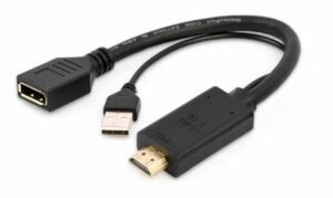 ADAPTOR video GEMBIRD, HDMI (T) la DisplayPort (M), rezolutie maxima 4K (3840 x 2160) la 30Hz, activ USB powered, black, „A-HDMIM-DPF-01” (include TV 0.06 lei)