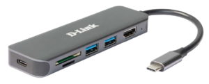 HUB extern D-LINK, porturi 2 x SuperSpeed USB 3.0, 1 x USB-C with data sync & power delivery up to 60W, 1 x HDMI 4k,Dual-Slot SD/microSD/SDHC/SDXC Card Reader, conectare prin USB Type C, cablu 10 cm, metalic, argintiu „DUB-2327” (include TV 0.8lei)
