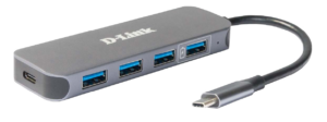 HUB extern D-LINK, porturi 3 x SuperSpeed USB 3.0, 1 x with Quick Charge, 1 x USB-C (Thunderbolt 3) port with data sync 60W, conectare prin USB Type C, cablu 10 cm, metalic, argintiu „DUB-2340” (include TV 0.8lei)